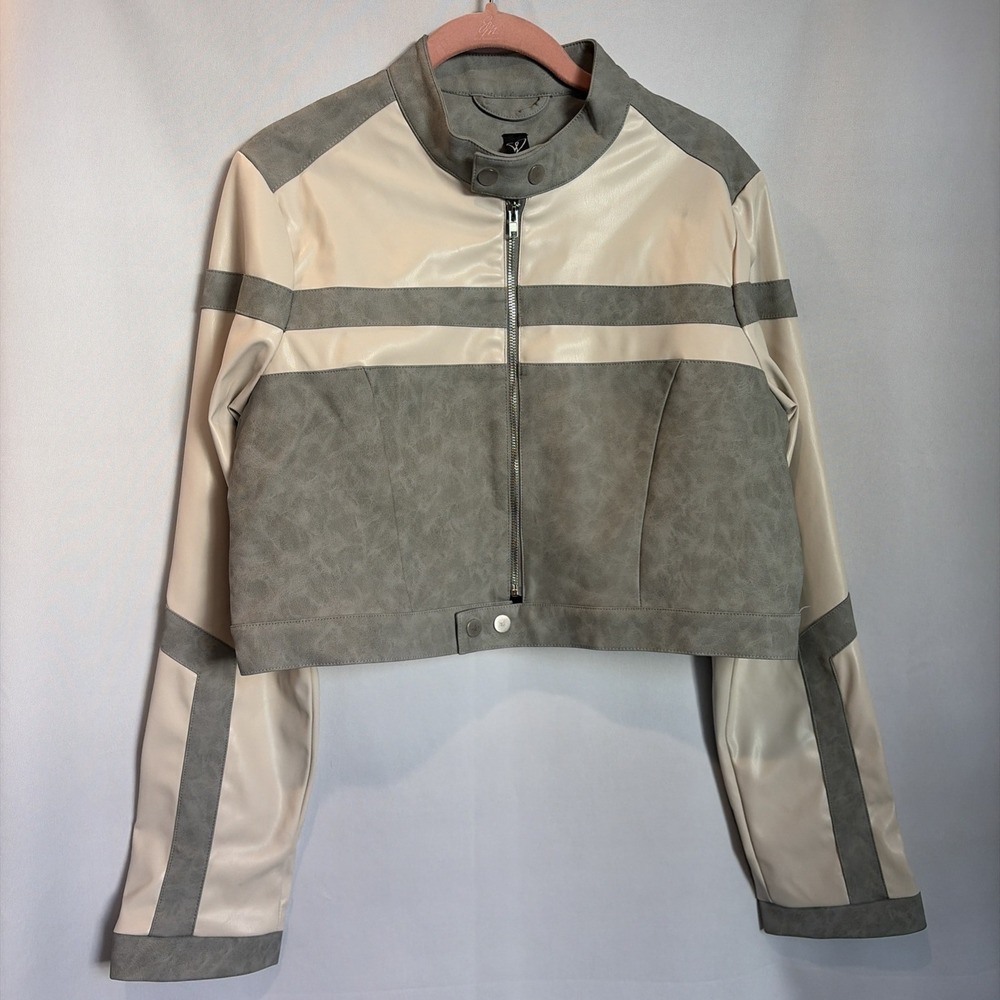 Moto Jacket Womens Sz L Gray/Cream Vegan Leather Y2K Edgy Chic Grunge Crop Biker